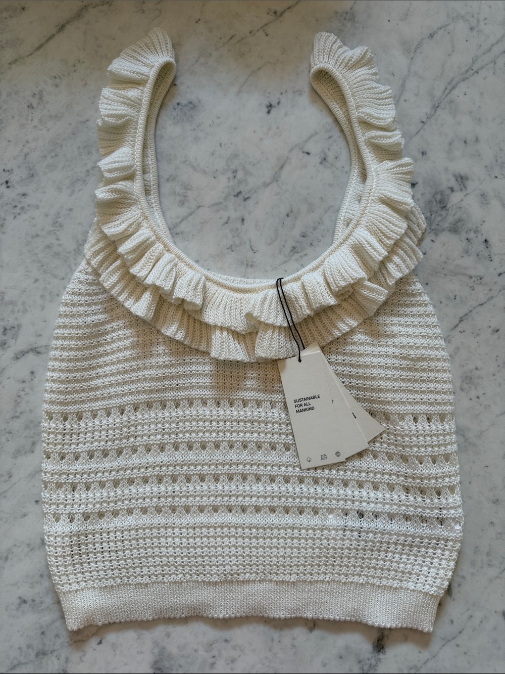 7 For All Mankind Cream Ruffled Knit Tank Top